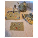Vintage Chinese brass miniature teapot and pitcher, plus trinket boxes with inlaid stones. Some in need of repair.