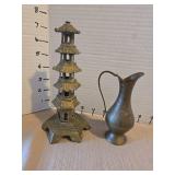 Vintage Asian Brass Pagoda and Pitcher Set