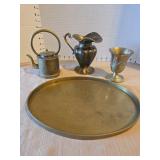 Vintage brass pitchers, cup, tray