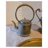 Vintage brass pitchers, cup, tray