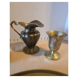 Vintage brass pitchers, cup, tray