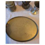 Vintage brass pitchers, cup, tray