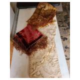 Vintage round lace tablecloth and 2 square fringed velvet pieces