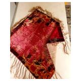 Vintage round lace tablecloth and 2 square fringed velvet pieces
