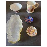 Antique Angelica Kauffman signed handpainted cup, very, very old, opaque white glass vanity tray, more