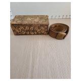 Vintage Pyrography wood box made for hosiery and garters and a leather Hickok belt monogrammed A