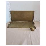 Vintage oriental brass serving tray with etched garden scene and a small brass bird