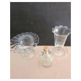 Clear glass celery vase, shell dish and vinaigrette
