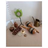 Vintage wooden maracas, wooden fruit, brass watering pitcher, more.