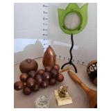 Vintage wooden maracas, wooden fruit, brass watering pitcher, more.