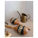 Vintage wooden maracas, wooden fruit, brass watering pitcher, more.