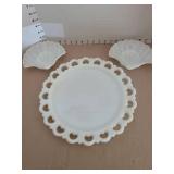 Milkglass platter and 2 clam shell dishes.