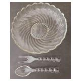 Large swirled glass salad bowl with spoon and fork, pretty set