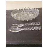 Large swirled glass salad bowl with spoon and fork, pretty set