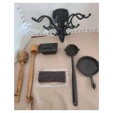 Vintage cast iron wall mount utensil holder, small Wagner cast iron skillet, Swett ladle, old saddle soap, more