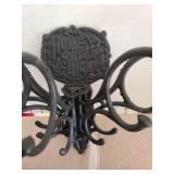 Vintage cast iron wall mount utensil holder, small Wagner cast iron skillet, Swett ladle, old saddle soap, more