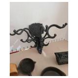 Vintage cast iron wall mount utensil holder, small Wagner cast iron skillet, Swett ladle, old saddle soap, more