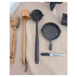 Vintage cast iron wall mount utensil holder, small Wagner cast iron skillet, Swett ladle, old saddle soap, more