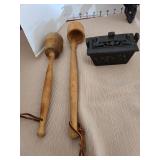 Vintage cast iron wall mount utensil holder, small Wagner cast iron skillet, Swett ladle, old saddle soap, more
