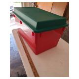 Red and green storage tote.