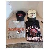 KC Chiefs Championship sweatshirt and t-shirt, both XL and two caps