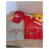 KC Chiefs t-shirt and sweatshirt, L and XL, two caps