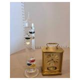 Galileo glass tube thermometer, 13in tall and brass Wittnauer quartz carriage clock
