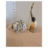 Vintage powder flask in horn and brass, plus a horsehair bear figure
