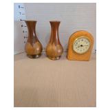 Handcrafted wooden clock with pair inlaid vases