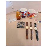 Russian nesting dolls, ICT mugs, shot glasses, pins, watches