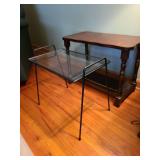 Iron and glass side table 16x17x11 and wooden with lower magazine rack is 17x22x12