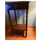 Antique federal-style side table with bobbin turned legs, drawer and lower shelf,  29x16x16