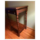 Antique federal-style side table with bobbin turned legs, drawer and lower shelf,  29x16x16