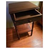 Antique federal-style side table with bobbin turned legs, drawer and lower shelf,  29x16x16