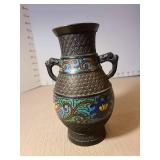 Japanese Champleve Enamel Bronze Vase, 7.25in tall
