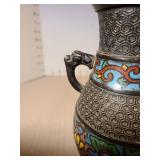 Japanese Champleve Enamel Bronze Vase, 7.25in tall