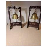 Vintage Asian brass bell gong with hand carved wooden stand, the one on the right missing the gong hammer