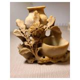 Vintage Chinese carved soapstone vase with floral design and crane bird figurine