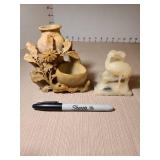 Vintage Chinese carved soapstone vase with floral design and crane bird figurine