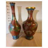 Chinese Cloisonne Brown Floral Vases, both have minor dings