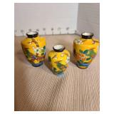 Three vintage handpainted miniature Japanese cloisonne yellow matching bud vases