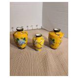 Three vintage handpainted miniature Japanese cloisonne yellow matching bud vases