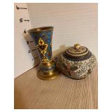 Antique French Champleve enamel vase and a cloisonne trinket box with lid