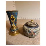 Antique French Champleve enamel vase and a cloisonne trinket box with lid