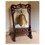 Beautiful vintage ornatebrass bell/gong with striker on wooden stand