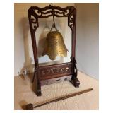 Beautiful vintage ornatebrass bell/gong with striker on wooden stand