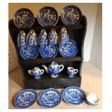 Childs Blue Willow tea set with display shelf, handle broken on 1 cup, piece included
