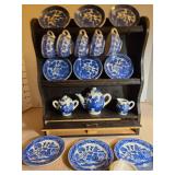 Childs Blue Willow tea set with display shelf, handle broken on 1 cup, piece included