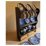 Childs Blue Willow tea set with display shelf, handle broken on 1 cup, piece included