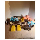 Vintage Plasco doll furniture, large lot, two table legs are broken off and missing.